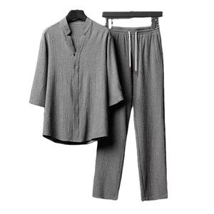 Conjunto de dos piezas con botones para hombre, camisa y pantalones informales de verano, traje para hombre, chándal de Color sólido, ropa de ocio - Product Image 2