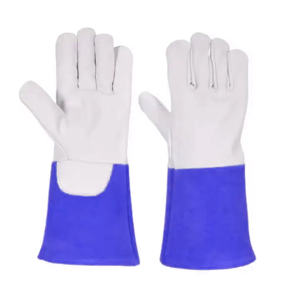 Gants de travail en cuir de vachette de qualité supérieure, blancs avec manchette bleue, résistants à la chaleur, pour soudure TIG, avec logo personnalisé - Product Image 1