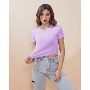 T-shirt court pour femme, lavande, manches courtes, coupe ajustée, tissu extensible, haut décontracté et tendance - Product Image 5