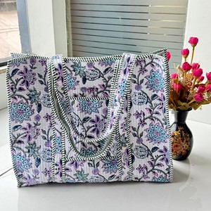Handcrafted Floral Quilted Cotton Lightweight Eco-Friendly <b>Foldable</b> Open Top Tote <b>Bag</b> Ethnic Indian Block Print Large Capacity - Product Image 2