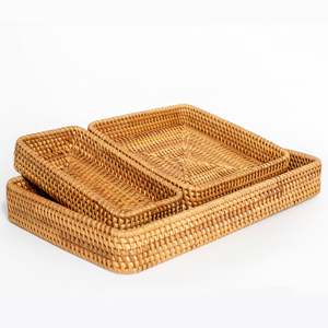 Ensemble de 3 plateaux en rotin naturel tissé marron, pour le vente en gros, livraison gratuite - Product Image 1