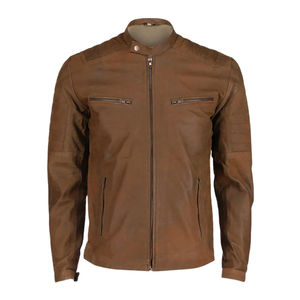 Customize Men's Brown Genuine <b>Leather</b> Biker <b>Jacket</b> Stand Collar Zipper Waterproof High Street Vintage Washed Finish Winter - Product Image 1