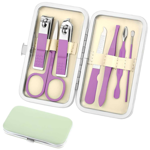 Ensemble professionnel de 7 outils de soin en acier inoxydable couleur pastel violet, logo personnalisé, étui de voyage vert clair, kits de pédicure et de manucure - Product Image 6