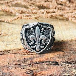 Anillo Fleur De Lis, Anillo de Sello Gótico con Escudo para Hombre, Plata Oxidada, Latón, Joyería de Moda, Venta al por Mayor - Product Image 2