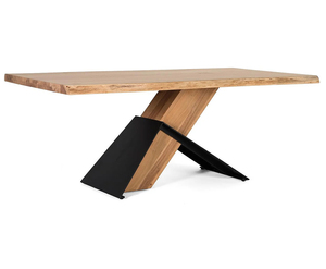 Mesa de comedor de estilo americano de lujo, de madera maciza de acacia con borde natural, base metálica montada sobre madera, acabado negro y natural. - Product Image 1