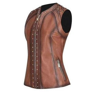 <b>Women</b> Winter Warm Leather Vest Moto Biker Style Waterproof Zipper Closure Customizable Solid Color <b>Sleeveless</b> Outerwear Regular - Product Image 4