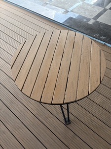 Contemporary <b>Round</b> Outdoor <b>Table</b> With Wood Top And Black Metal Frame Durable Design For <b>Patio</b> Use - Product Image 3