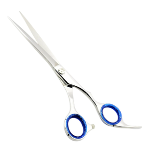 Tijeras Profesionales de Acero Inoxidable para Cortar el Cabello con Anillos de Dedo Azules Brillantes y Mango Ergonómico Desplazado (Para Diestros) - Product Image 1