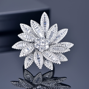 Flower Moissanite <b>Ring</b> Baguette Cluster 925 <b>Silver</b> Luxury <b>Statement</b> <b>Ring</b> - Product Image 5