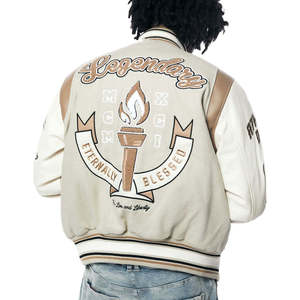 Men's Beige Varsity <b>Jacket</b> Embroidered Letter R <b>Stars</b> Regular Fit Stand Collar Button Closure Eco-Friendly Windproof HIGH STREET - Product Image 3