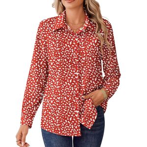 Camisa de Vestir para Mujer, Diseño Floral Carmesí Personalizado, Cuello Estrecho, Puños Ajustables, Tejido Dobby, Blusa Elegante para Conferencias - Product Image 3