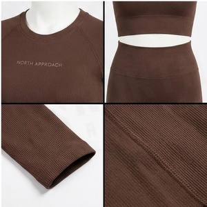 Ensemble de yoga 2 pièces North Approach, marron uni, haut court à col rond et manches courtes, leggings taille haute pleine longueur, vêtements de sport sans couture - Product Image 4