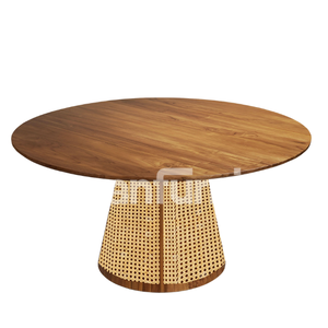 Mesa de Comedor Redonda Salasa con Tapa de Madera Natural y Base de Pedestal de Ratán Tejido - Product Image 4