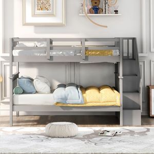 Letto a castello matrimoniale con contenitore e sponda di protezione grigia per camera da letto o dormitorio, ideale per l'uso con scale - Product Image 2