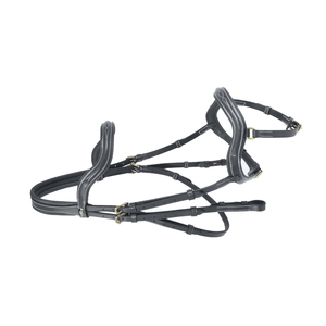 Bridon de cheval en cuir noir avec surpiqûres blanches et ferrures en laiton - Product Image 2