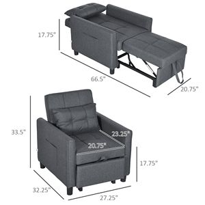 Divano Letto 3-in-1 Grigio con Schienale Regolabile, Poltrone Pieghevoli e Tasche Portaoggetti con Braccioli Dritti - Product Image 3