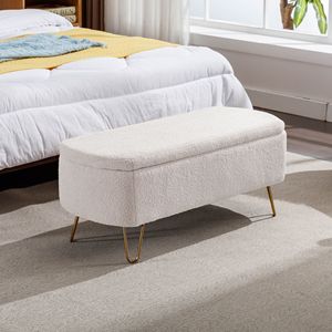 Modern Ivory White Faux Fur Entryway Bench <b>Padded</b> Storage Ottoman with Gold Legs for Home for End Beds or <b>Stools</b> & Ottomans - Product Image 3