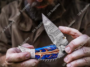 Cuchillo industrial multiusos EDC de 7.5 pulgadas con hoja de acero de Damasco de punta caída y mango de acero grabado con diseño de piña, ideal para pesca. - Product Image 2