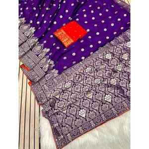 Sari de viscosa con aspecto riqueza y tejido de seda Dola con blusa sin coser, color morado - Product Image 3