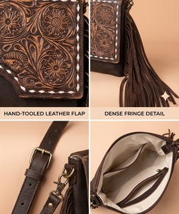 Bolso de Hombro de Cuero Genuino Estilo Bohemio para Mujer, con Flecos Bordados, Correa Única, para Viajes y Compras - Product Image 3