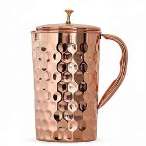 Hammered <b>Copper</b> Pitcher with Lid and Golden <b>Knob</b> Handmade Rustic Eco Friendly Decorative Traditional Metal Drinkware - Product Image 1