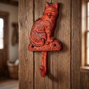 Rustic Red Cast Iron Cat <b>Wall</b> <b>Hook</b> Handmade Animal Design Single <b>Hook</b> for Coat Hat <b>Key</b> Storage - Product Image 1