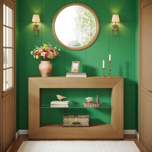 Consolle da 55 pollici a 3 livelli in stile rustico con ripiano in vetro, elegante tavolo da divano - Product Image 2