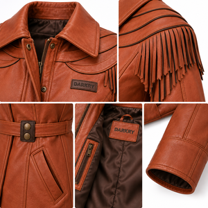 Abrigo de cuero genuino para mujer, estilo occidental, con cinturón y flecos, color óxido terracota, a medida, oferta de proveedor OEM - Product Image 6