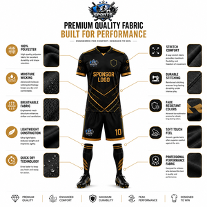 Maillot de football personnalisé imprimé tendance noir et or, qualité supérieure, séchage rapide, pour la vente en gros - Product Image 4