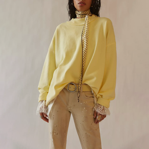 Sweat-shirt col roulé oversize jaune beurre pour femme, 100 % coton tricoté, épaules tombantes, jaune uni, grandes tailles, vêtements d'automne - Product Image 1