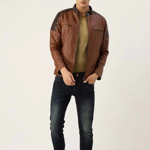 Chaqueta de Motociclista para Hombre, de Cuero PU Marrón, Cuello Alto, Cierre de Cremallera Frontal, Color Sólido, Manga Regular, Estilo Otoñal - Product Image 4