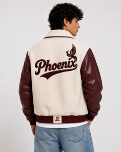 Phoenix Embroidered Varsity <b>Jacket</b> Men's <b>Fleece</b> Lined PU Leather Sleeve Winter Preppy Style <b>Thick</b> Coat - Product Image 5