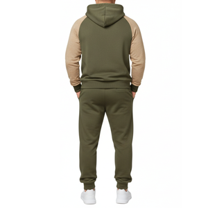 Wholesale Athletic <b>Mens</b> olive <b>Green</b> Tracksuit | tan Raglan Sleeve Contrast Jogging <b>Suit</b> | Hoodie and Pants Set - Product Image 2