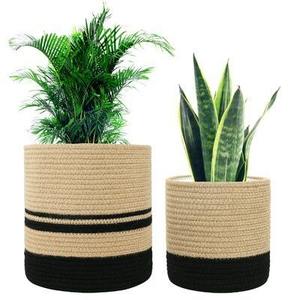 Panier de rangement circulaire tressé en corde de coton beige et noir, moderne, écologique, polyvalent, pour la maison et le jardin - Product Image 2