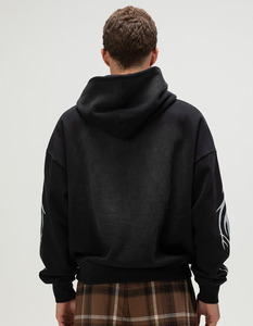Sudadera con capucha negra de algodón 100% de felpa francesa personalizada de 400-450 g/m² de alto gramaje, estilo streetwear con bordado desgastado. - Product Image 3