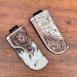 Nouvelle mode occidentale cheveux fabriqués à la main sur cuir repoussé couteau de poche gaine Western Floral pleine fleur en cuir véritable couteau couverture - Product Image 2