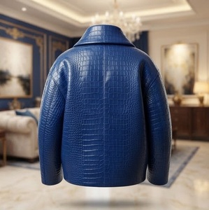 Chaqueta de Mujer con Cuello Chal en Cuero Sintético Azul Repujado, Elegante, Manga Larga, Largo Regular, Abrigo de Invierno - Product Image 3