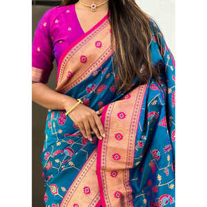 Sari en soie Paithani Jaal bleu tissé Zari - Vêtements indiens et pakistanais Elite Weaves 700g - Product Image 3