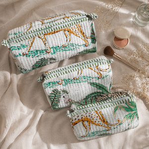 Elegant Jungle Print 3 Piece Cosmetic Pouch Set <b>Quilted</b> Cotton <b>Makeup</b> <b>Bags</b> for Women Travel Vanity Toiletry Storage Organizer - Product Image 1