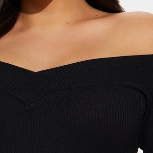 Custom Black Sexy Off Shoulder Long Sleeve <b>Bodysuit</b> Women Sweetheart Neckline Ribbed Knit High Cut Top Clubwear Summer Bodycon - Product Image 3
