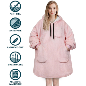 Oversized Pink Hooded Sweatshirt Women Cotton Blend Lined Fleece <b>Long</b> Sleeve Solid Color Wearable <b>Blanket</b> Pullover Autumn Winter - Product Image 3