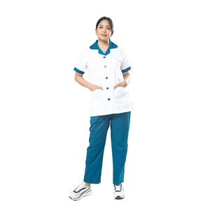 Blusa Médica Blanca para Mujer con Ribete Verde Azulado, Manga Corta, Cuello en V, Uniforme de Hospital, Mezcla de Algodón y Poliéster - Product Image 6