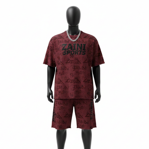Ensemble t-shirt et short décontracté pour homme, jersey polyester léger, imprimé intégral marron noir, logo personnalisé - Product Image 1