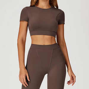 Women Solid Color Fitness <b>Short</b> Sleeve Top Workout <b>Compression</b> Leggings Gym Sports Clothing for Women Tracksuit Yoga Sets - Product Image 3