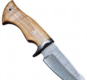 Cuchillo utilitario de exterior hecho a mano con acero de Damasco, mango de madera de olivo y funda de cuero. - Product Image 2