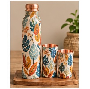 Ensemble de bouteilles d'eau en cuivre doré de luxe avec motif floral, motif noir et rouge, vaisselle portable pour la maison - Product Image 5