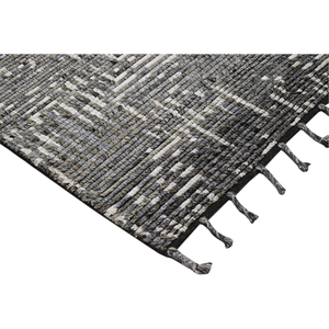 Tapis d'intérieur en laine tissé à la main gris anthracite et ivoire, à poils ras, motif géométrique tribal texturé avec franges - Product Image 5