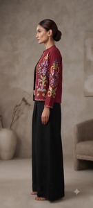 Rama's Women's Maroon Embroidered Floral Woven Discharge <b>Printed</b> Cord-<b>set</b> with 100% Silk Quick Dry Top and Trousers for Summer - Product Image 4