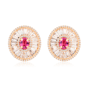 18K Solid Gold Pink <b>Tourmaline</b> Stud <b>Earrings</b> with Cushion Cut Diamond Cluster - Product Image 2