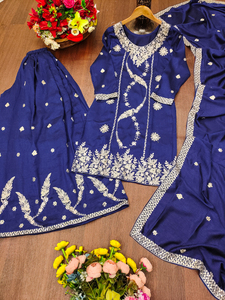 Vichitra Blooming <b>Sequin</b> Embroidered Top With <b>Flared</b> Palazzo And Dupatta Women Three Piece Festive Salwar Suit Set - Product Image 6